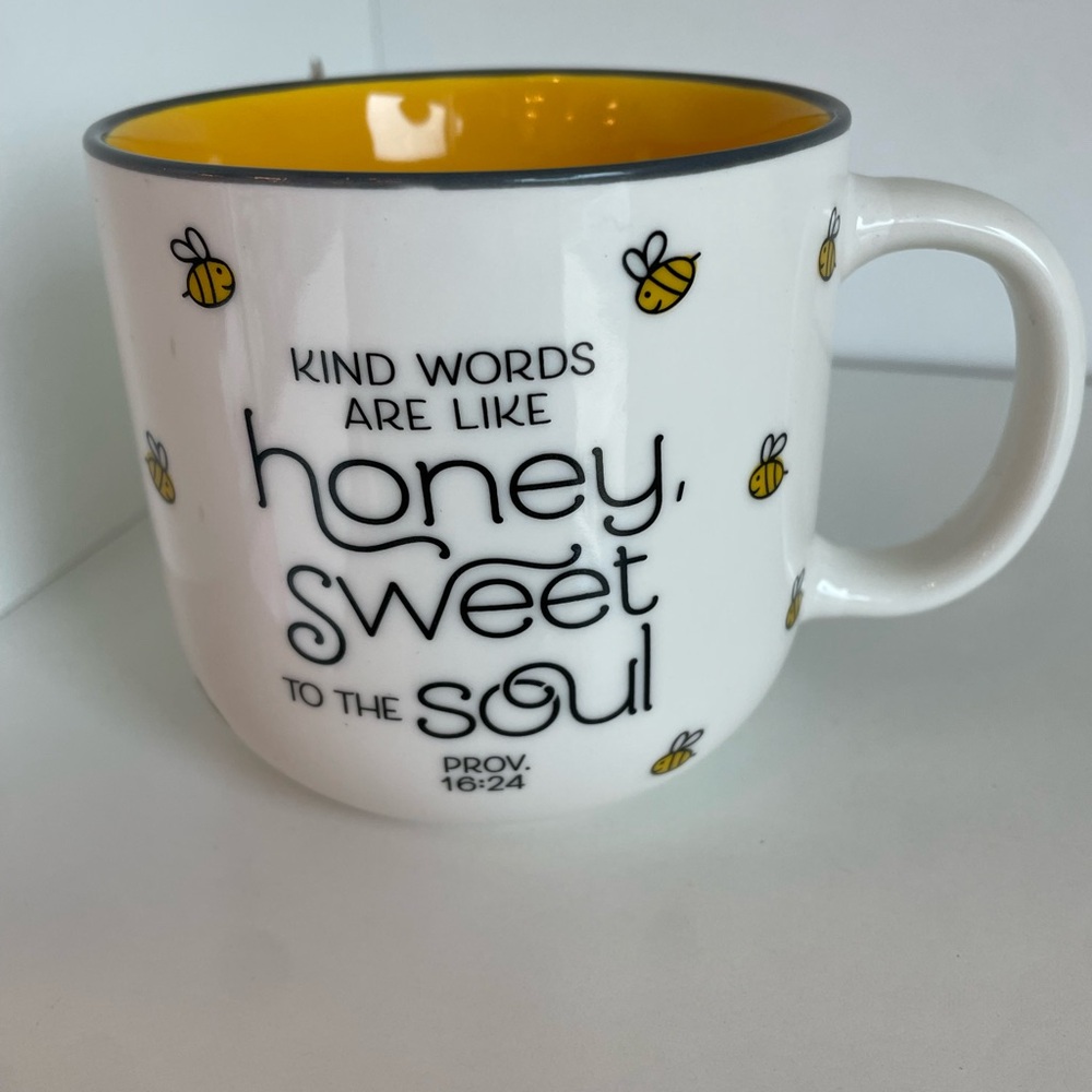 Bee-Themed White and Yellow Ceramic Mug - Inspirational Quote - NWT